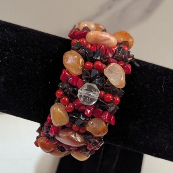 Red & Orange Gemstone Beads Clamp Bracelet Woven Boho Style Handmade Adjustable - Picture 2 of 5